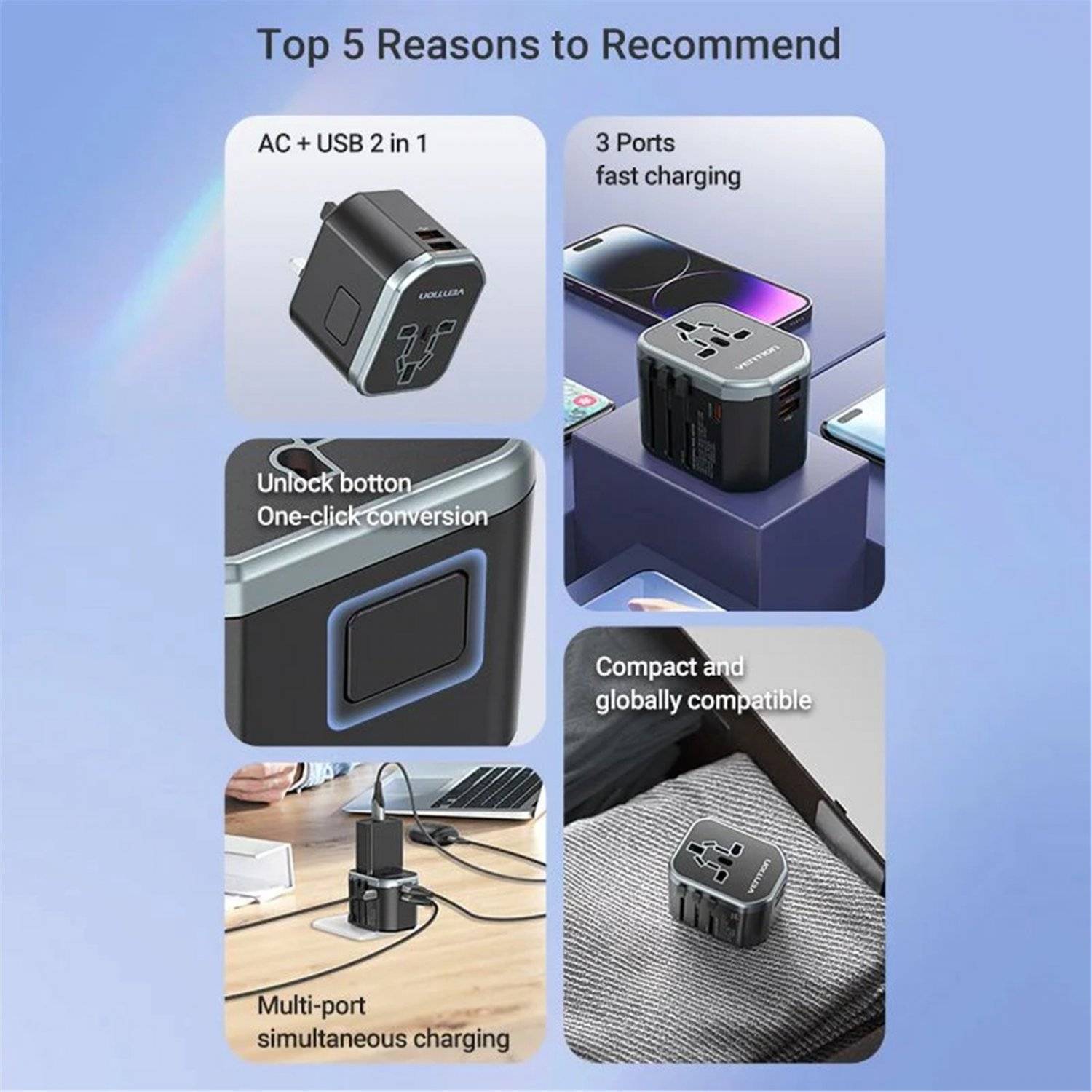 3-Port USB (C + A + A) Universal-Reiseadapter (20 W/18 W/18 W) Schwarz