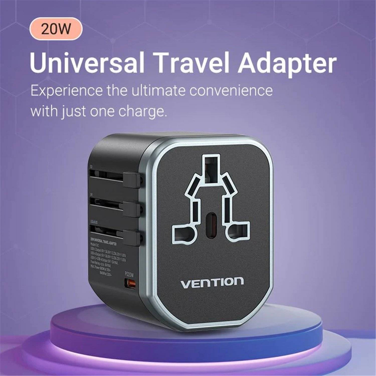 3-Port USB (C + A + A) Universal-Reiseadapter (20 W/18 W/18 W) Schwarz