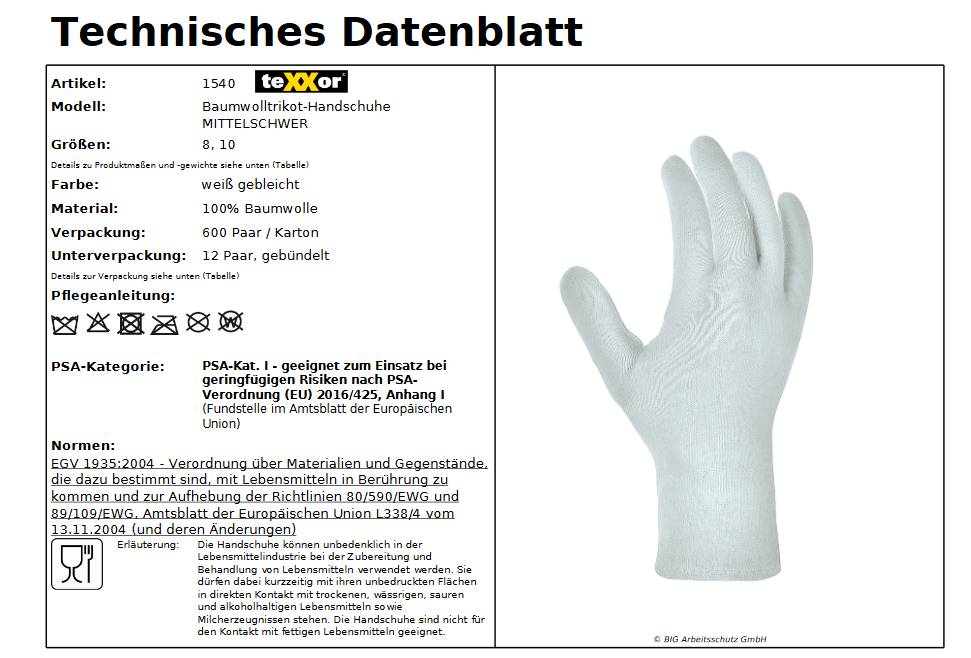 1540 texxor Baumwolle Stoff Arbeitshandschuhe mittelschwer 600 Paar Gr 8