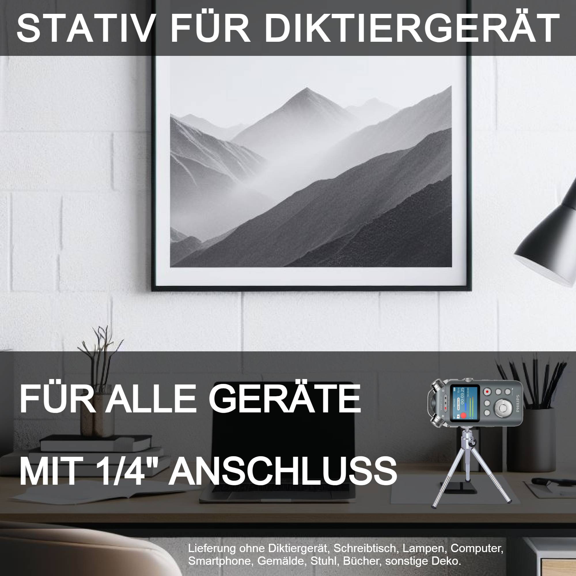 TRIPOD Stativ für Diktiergerät Audiorekorder Aufnahmegerät 1/4 Zoll kompatibel für Roland Philips Tascam Sony Olympus Zoom H4n Pro H5 H6 mobile Re