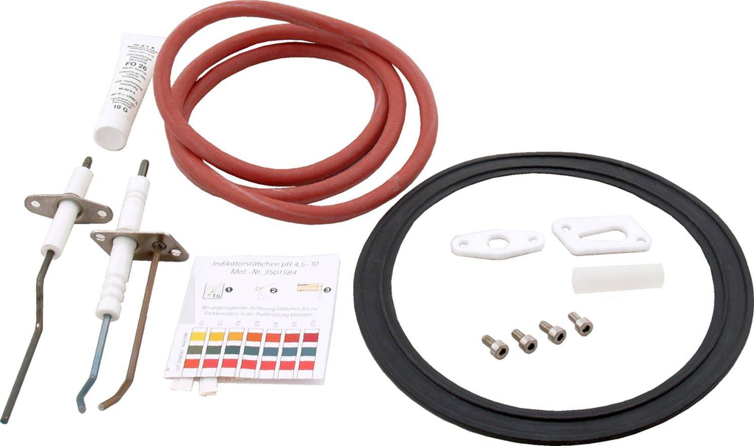 Solarwarmwasserbereiter-Installationsset mit roten und schwarzen Schläuchen, zwei Elektrodensonden, Montageklammern, Schrauben und einem farbigen Anleitungsblatt.