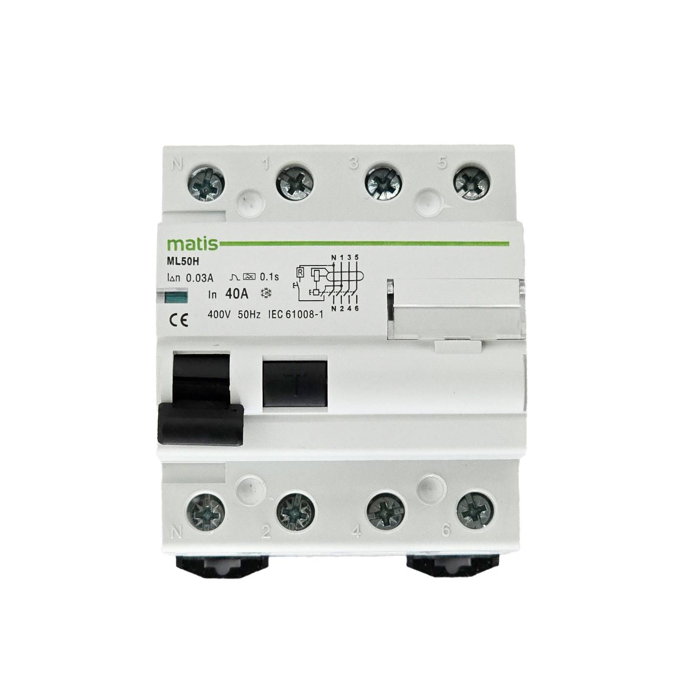 Matismart ML50H4P FI Schutzschalter 4-polig 40A/30mA, AC, Test-Taste, VDE, IP2x