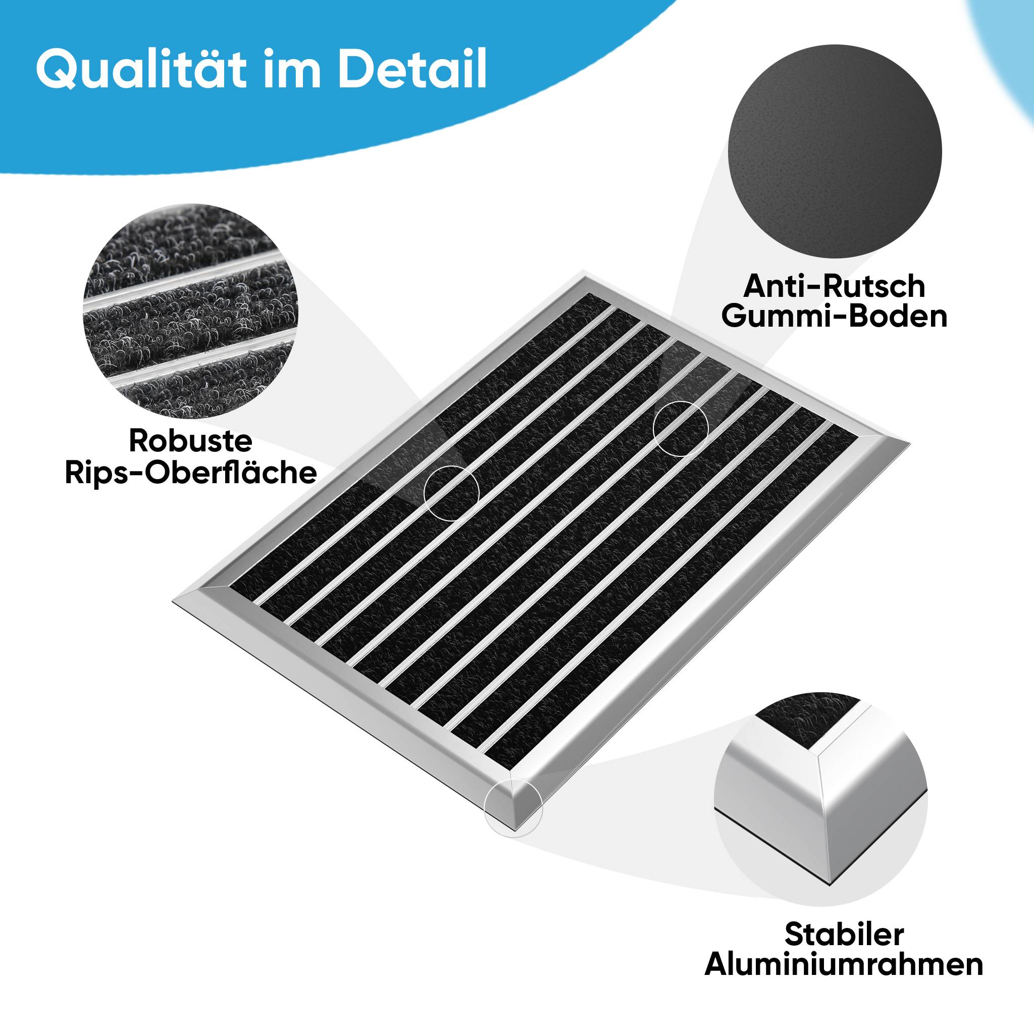 Fußmatte außen mit silbernem Aluminium Rand 55 x 90 cm - Fußabtreter außen Schmutzfangmatte Außenbereich Fussmatte Aussenbereich