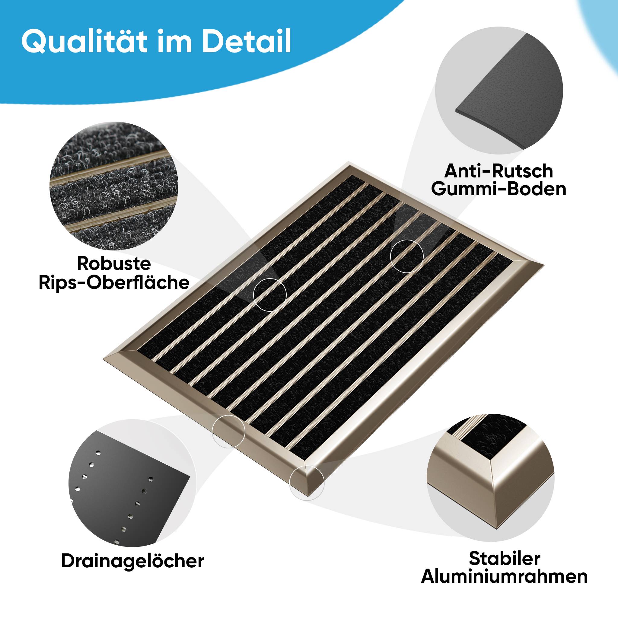 Fußmatte außen mit goldenem Aluminium Rand 50 x 80 cm - Fußabtreter außen Schmutzfangmatte Außenbereich Fussmatte Aussenbereich