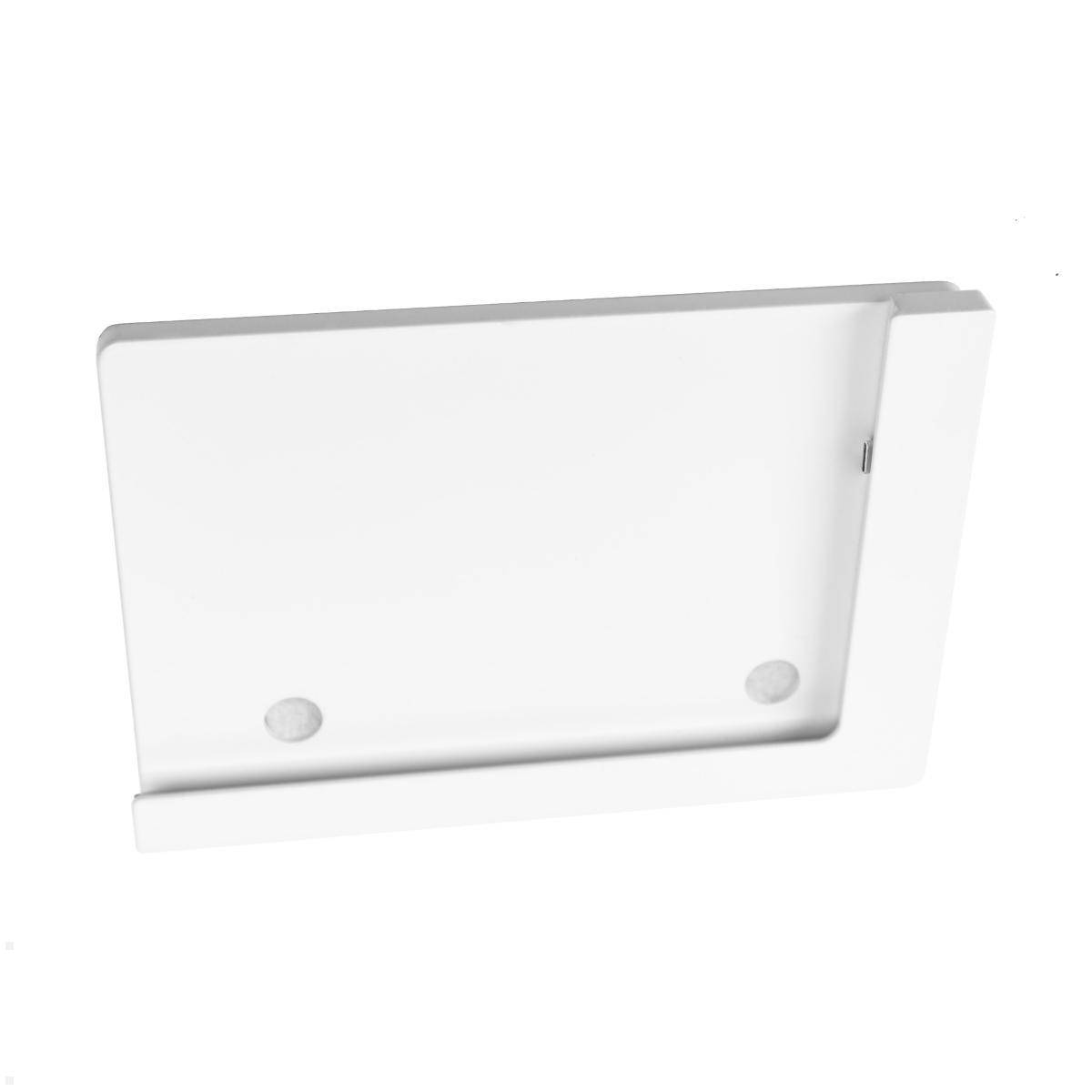 Ein weißes rechteckiges Regal mit zwei kreisrunden Ausschnitten, konzipiert zum Anbringen an einer vertikalen Oberfläche. Minimalistisch und modern im Design.