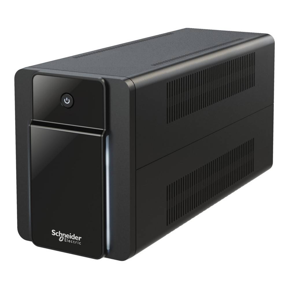 Ein schwarzes Schneider Electric unterbrechungsfreies Netzteil (USV) mit Einschaltknopf und Lüftungsschlitzen, konzipiert für elektrische Notstromversorgung.