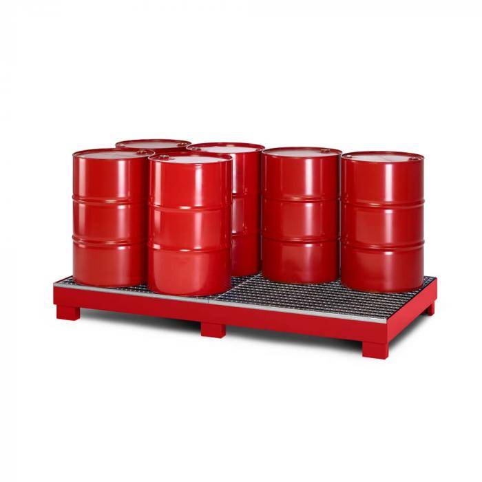 Auffangwanne Typ RWG-8 aus Stahl - mit Gitterrost - passend für 8x 200 Liter Fass - Unterfahrhöhe 100 mm - RAL 3000 feuerrot