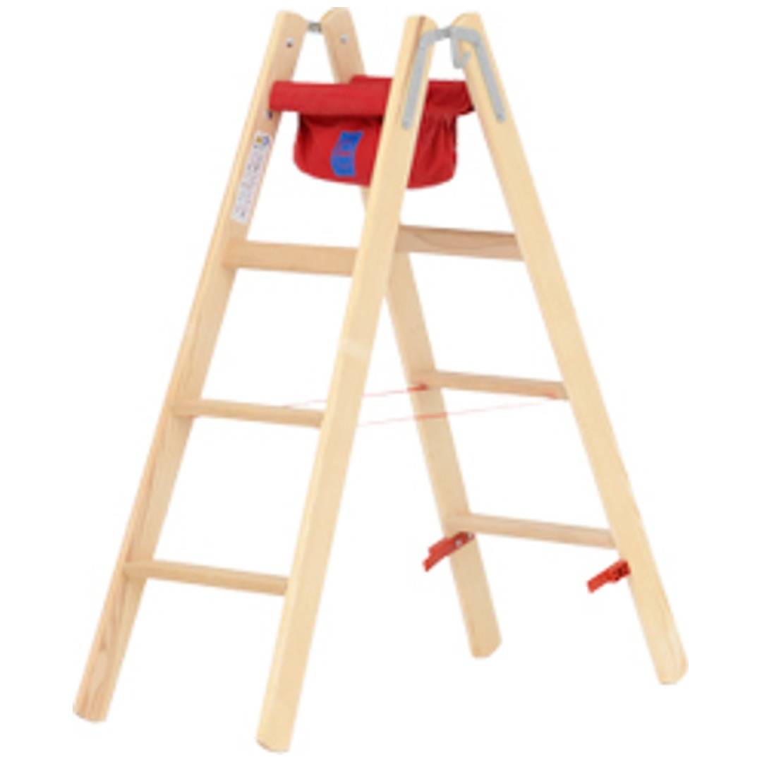 Holzernes A-förmiges Lernturm für Babys mit rotem Stoffsitz und Stützriemen, dargestellt auf weißem Hintergrund.