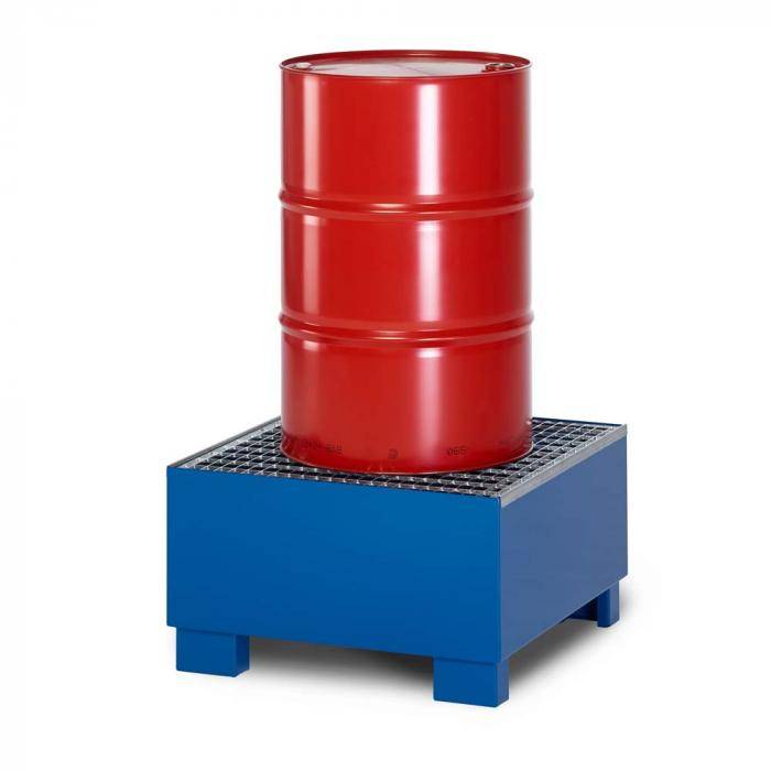 Auffangwanne Typ RWG-1 aus Stahl - mit Gitterrost - passend für 1x 200 Liter Fass - Unterfahrhöhe 100 mm - RAL 5010 enzianblau