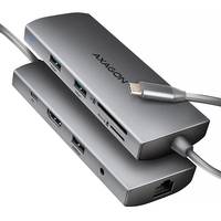Tragbares Dock mit USB-, HDMI- und Ethernet-Anschlüssen sowie Kartenlesegeräten mit integriertem USB-C-Kabel.