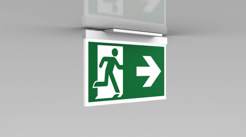 Fluchtwegeschild mit grünem Hintergrund, das eine Figur zeigt, die auf eine offene Tür mit einem nach rechts weisenden Pfeil zuspringt und die Fluchtrichtung anzeigt.