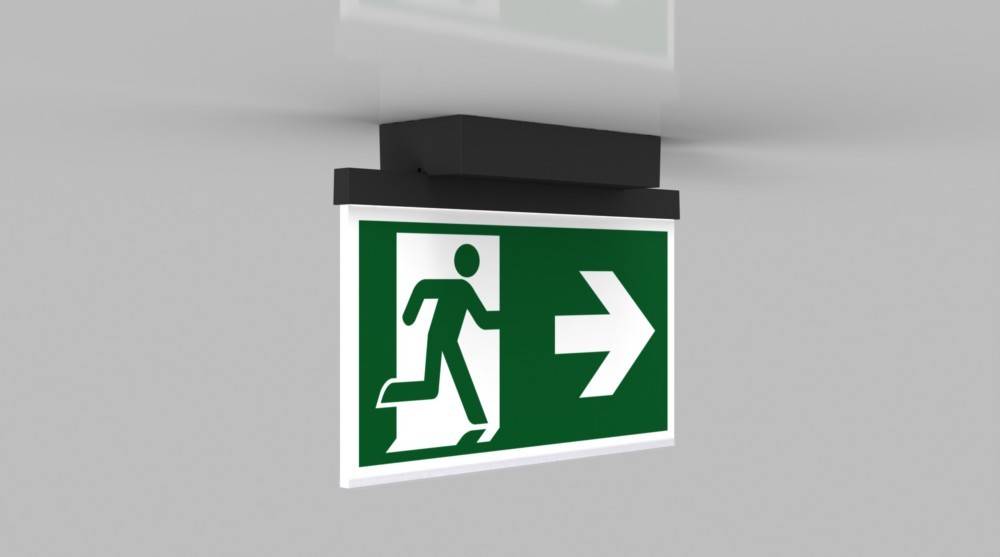 Fluchtwegeschild mit einer Person, die durch eine Tür läuft, und einem Pfeil, der nach rechts zeigt und die Richtung zum nächstgelegenen Ausgang angibt.