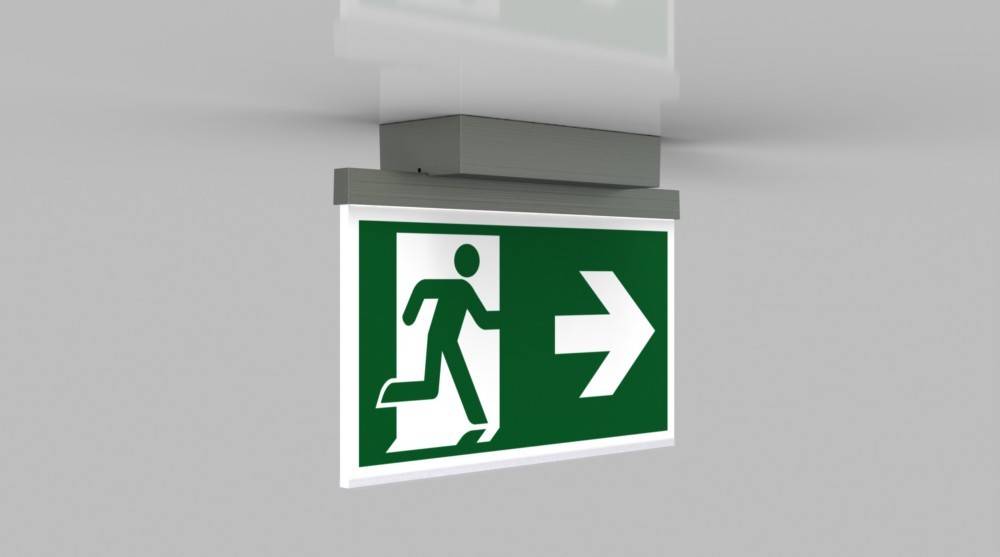 Notausgang-Schild mit einer Person, die auf einen nach rechts weisenden Pfeil zusteuert, auf grünem Hintergrund.