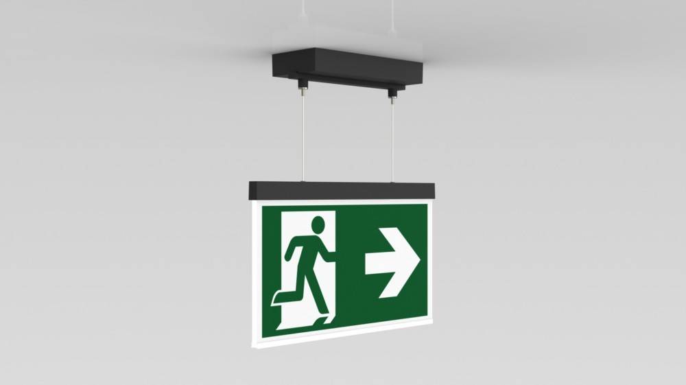 Notausgangsschild mit einer Figur, die durch eine Tür läuft und nach rechts zeigt und eine Fluchtwegrichtung anzeigt.
