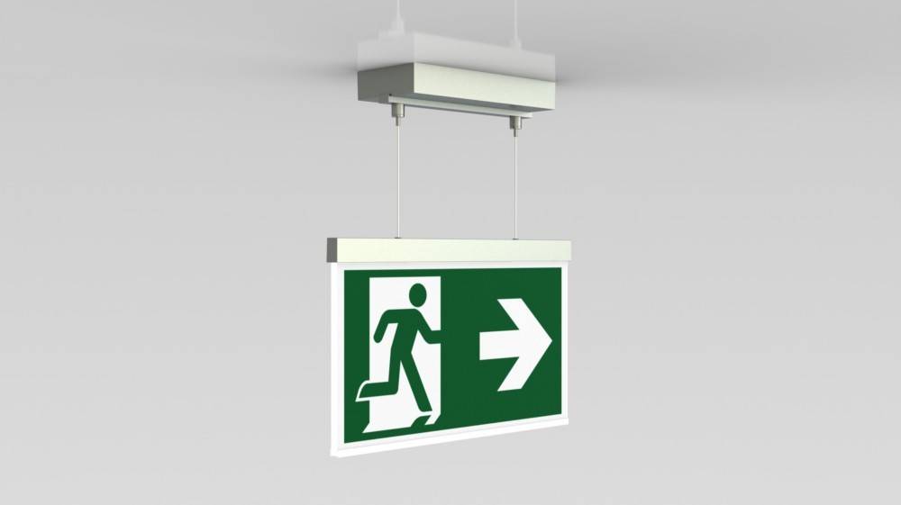 Notausgang-Schild mit einer laufenden Figur und einem nach rechts zeigenden Pfeil, der die Richtung zum nächstgelegenen Ausgang angibt.