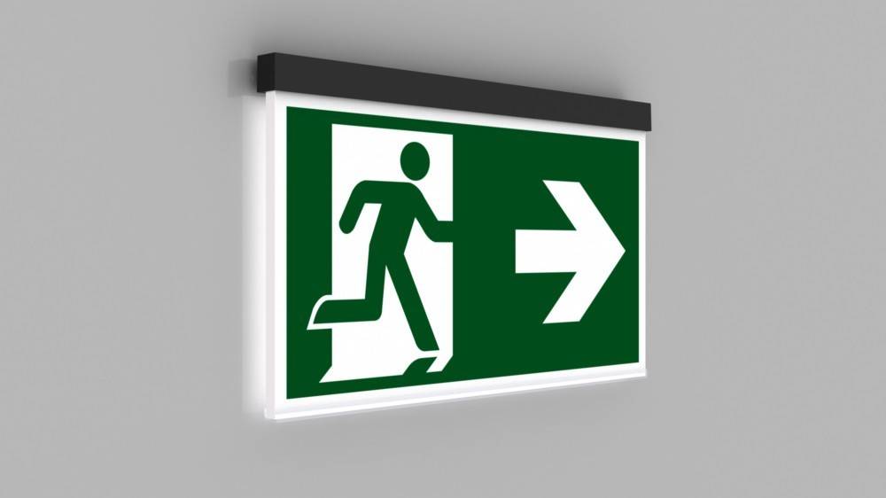 Notausgangsschild mit einer laufenden Person, die auf eine Tür mit einem nach rechts weisenden Pfeil zuläuft und damit die Fluchtrichtung anzeigt.