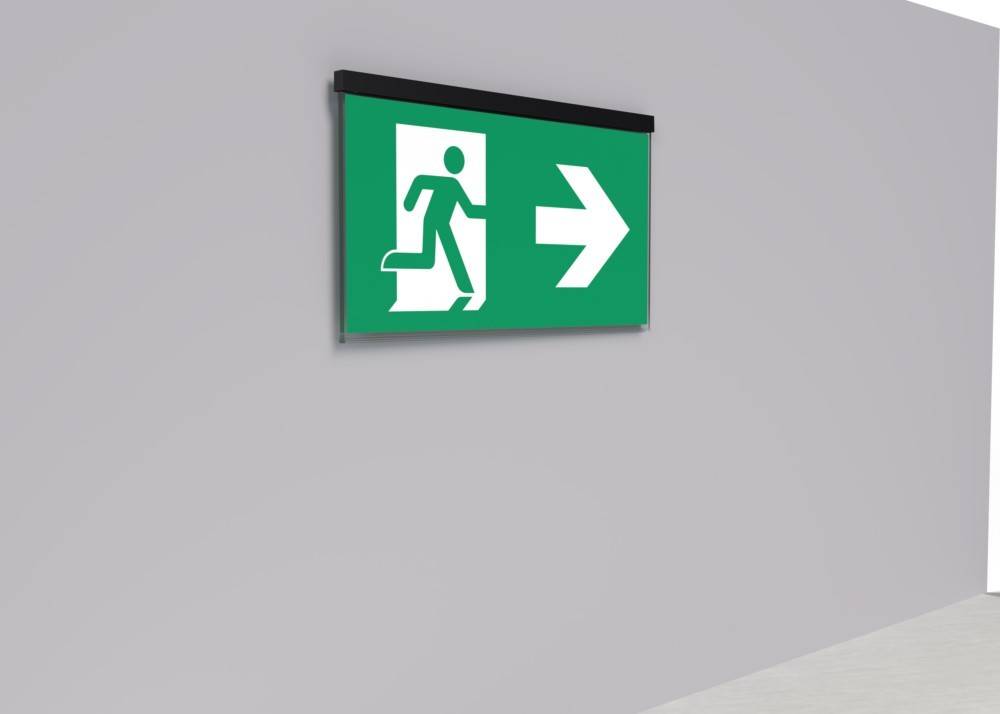 Notausgang-Schild mit einem Piktogramm einer laufenden Person und einem Pfeil, der nach rechts zeigt und die Richtung für die Evakuierung angibt.