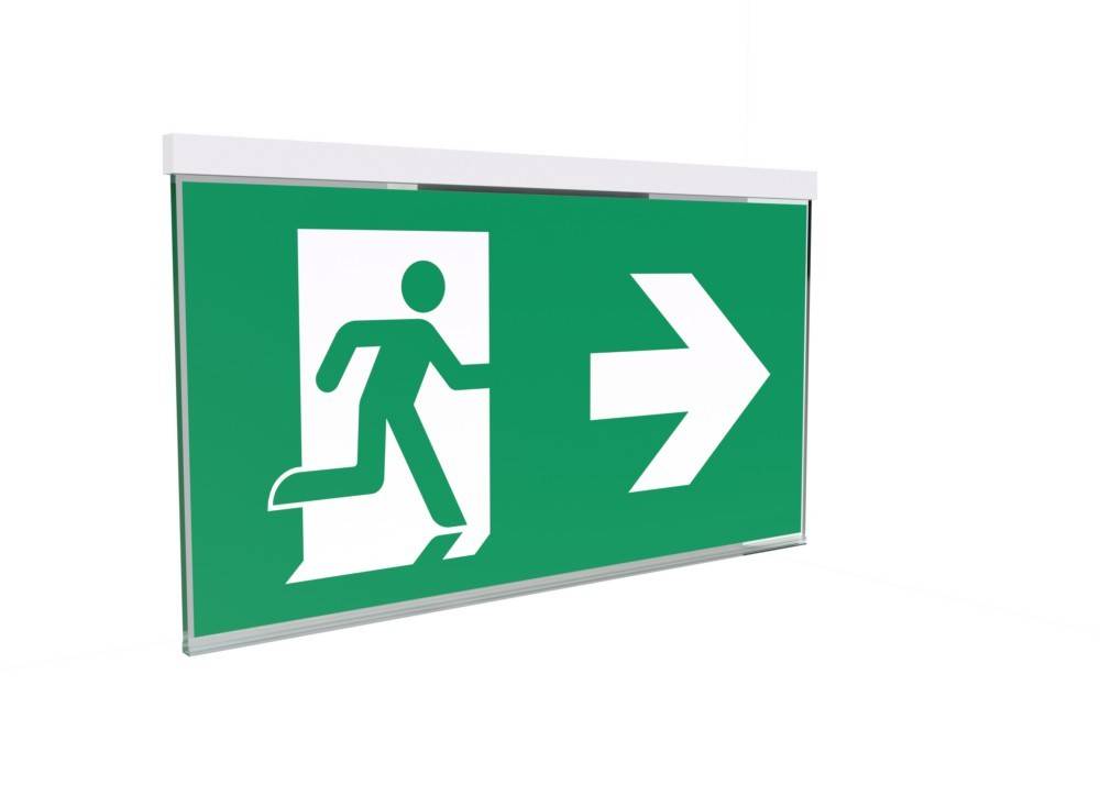 Grünes Notausgangsschild mit weißer Laufender-Personen-Silhouette und nach rechts weisenden Pfeil, der die Richtung zum Ausgang anzeigt.