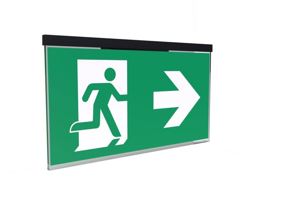 Rettungsweg-Schild mit einer Person, die durch eine Tür läuft, und einem Pfeil, der nach rechts zeigt.