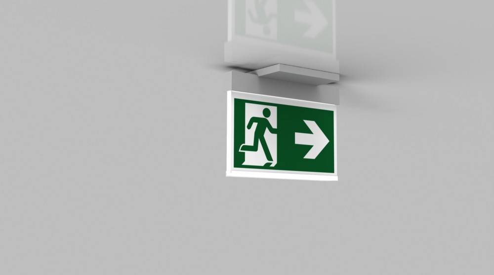 Notausgang-Schild mit einer laufenden Figur und einem Pfeil, der nach rechts zeigt und die Richtung zum nächstgelegenen Ausgang angibt.