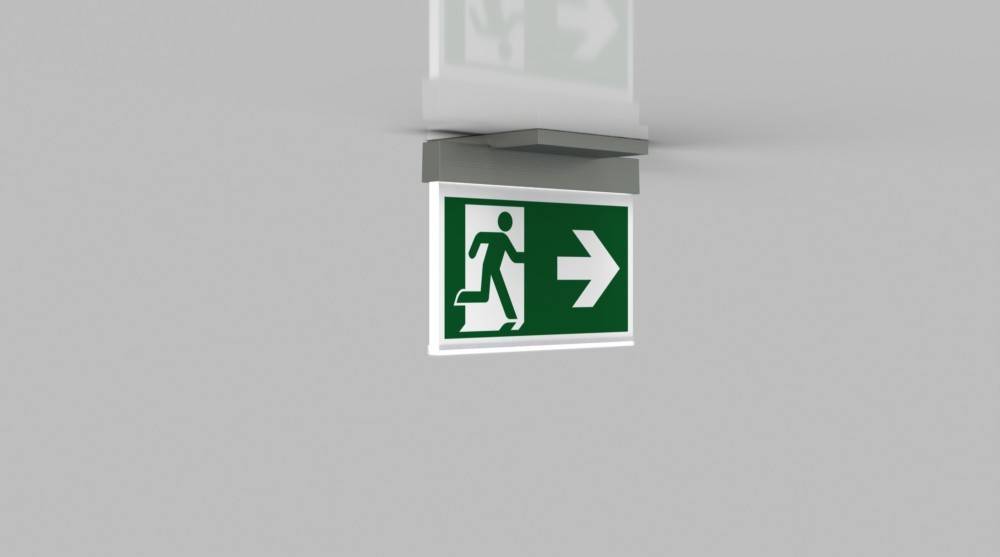 Fluchtwegeschild mit einer laufenden Figur und Pfeil nach rechts, der die Richtung des Notausgangs anzeigt.