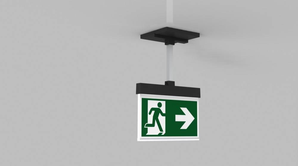 Deckenmontiertes Notausgangsschild mit grünem Hintergrund zeigt eine Person, die auf einen Pfeil nach rechts zulaufend, die Fluchtrichtung angibt.