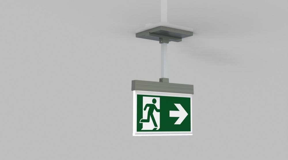 Ein Notausgangsschild zeigt eine Figur, die zu einem nach rechts weisenden Pfeil läuft und damit die Richtung zum Ausgang angibt.