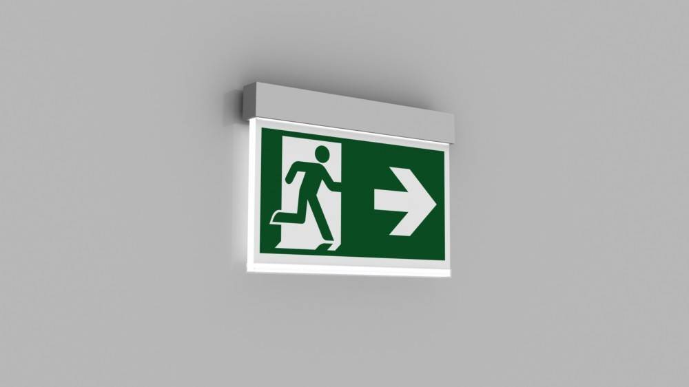 Notausgangsschild mit laufender Figur und rechts gerichtetem Pfeil auf grünem Hintergrund, der die Route zur Sicherheit anzeigt.