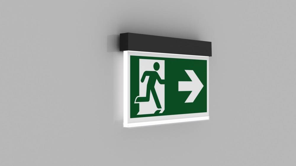 Notausgang-Schild mit einer Figur, die nach rechts in Richtung eines Pfeils läuft und den Weg zum nächstgelegenen Ausgang anzeigt.