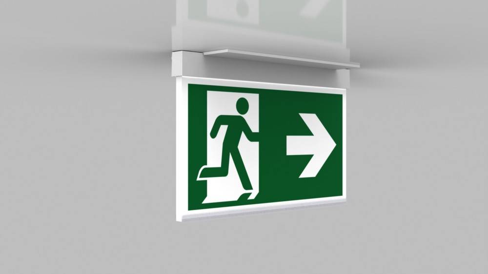Notausgang-Schild mit einer laufenden Figur und einem Pfeil nach rechts, der die Richtung für die Evakuierung im Notfall anzeigt.