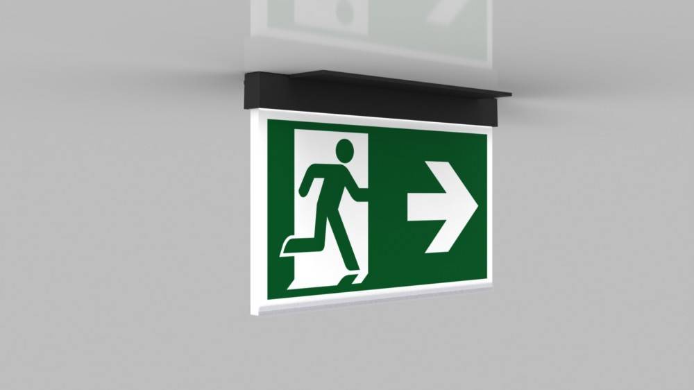 Notausgang-Schild mit einer laufenden Person und einem nach rechts zeigenden Pfeil, der die Richtung zum nächstgelegenen Ausgang anzeigt.