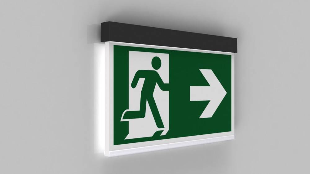 Fluchtwegeschild mit einer Figur, die auf eine Tür zuläuft, und einem nach rechts weisenden Pfeil, der die Richtung zum Notausgang anzeigt.