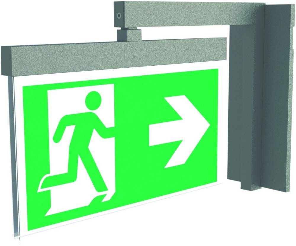 Fluchtwegeschild mit einer laufenden Figur und einem nach rechts weisenden Pfeil, der die Richtung zum Notausgang anzeigt.
