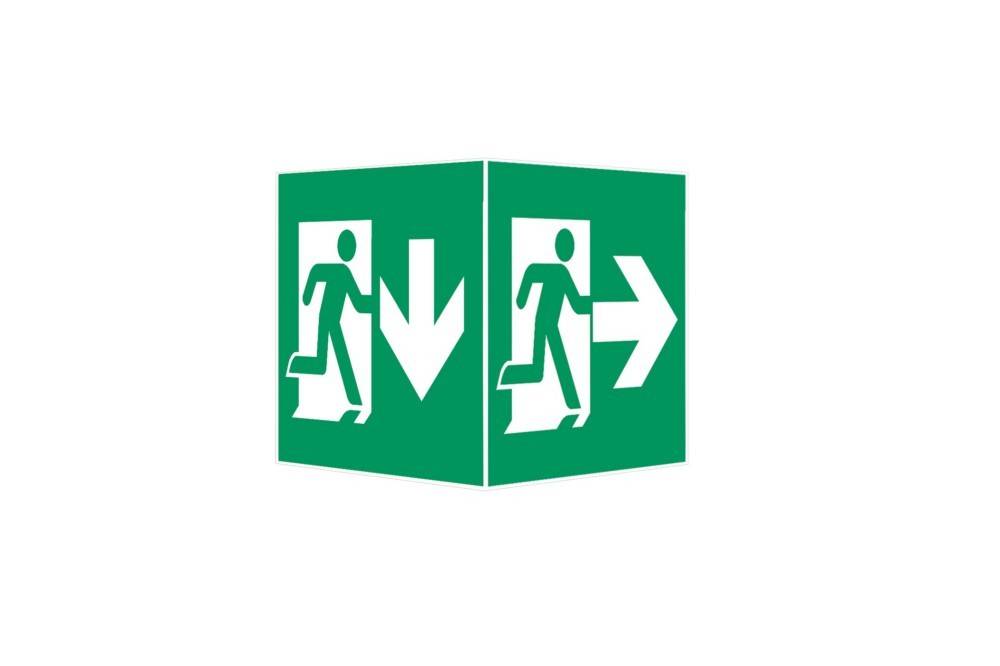 Notausgangszeichen mit Figuren und Pfeilen, die Richtungen zu Fluchtwegen anzeigen.