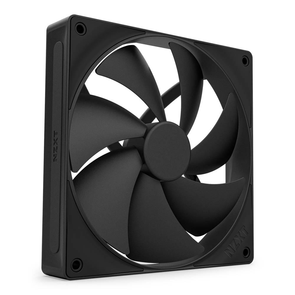 Schwarzer Computer-Kühlventilator mit sieben Blättern in einem quadratischen Rahmen, gezeigt auf weißem Hintergrund.