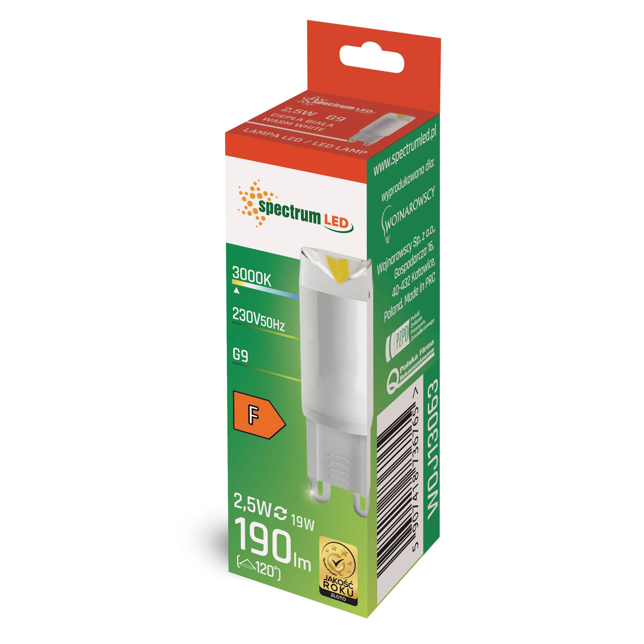 Spectrum LED G9 2,5W = 19W Stiftsockellampe 190lm 230V Keramik 100° Warmweiß 3000K