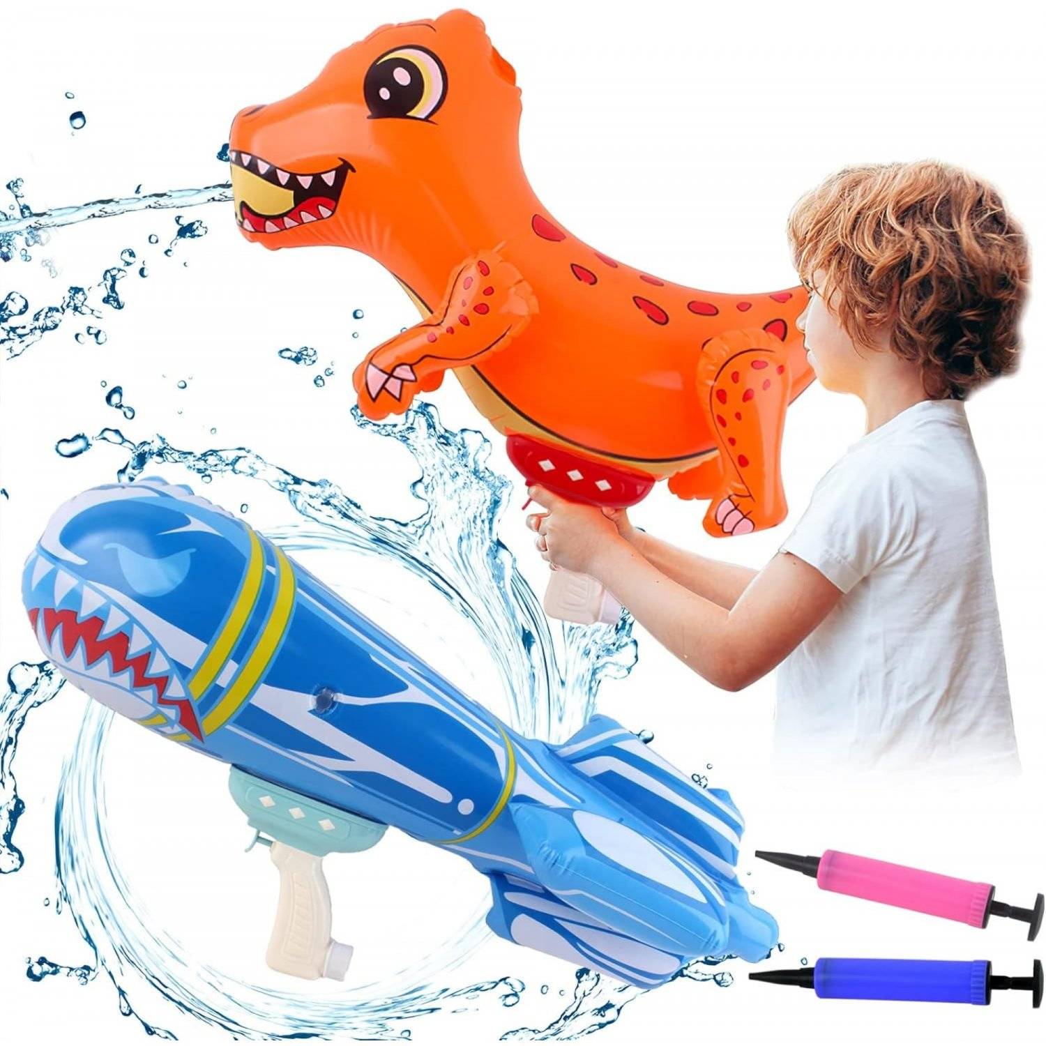 2-in-1 tragbare Wasserpistolen im Dinosaurier- und Haifischdesign, für den großen Spaß im Freien