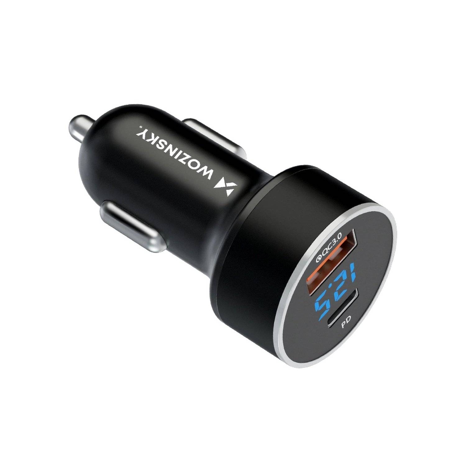 Autoladegerät USB-C-USB-A 36W Ladegerät in Schwarz Schnellladegerät mit digitale Anzeige