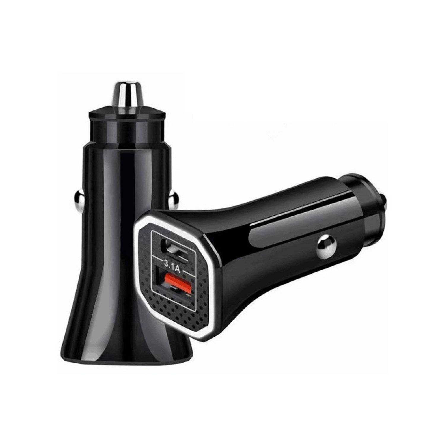 Auto-Ladeadapter 12V 3.1A Netzteil mit 1 USB + 1 USB-C anschluss Schwarz