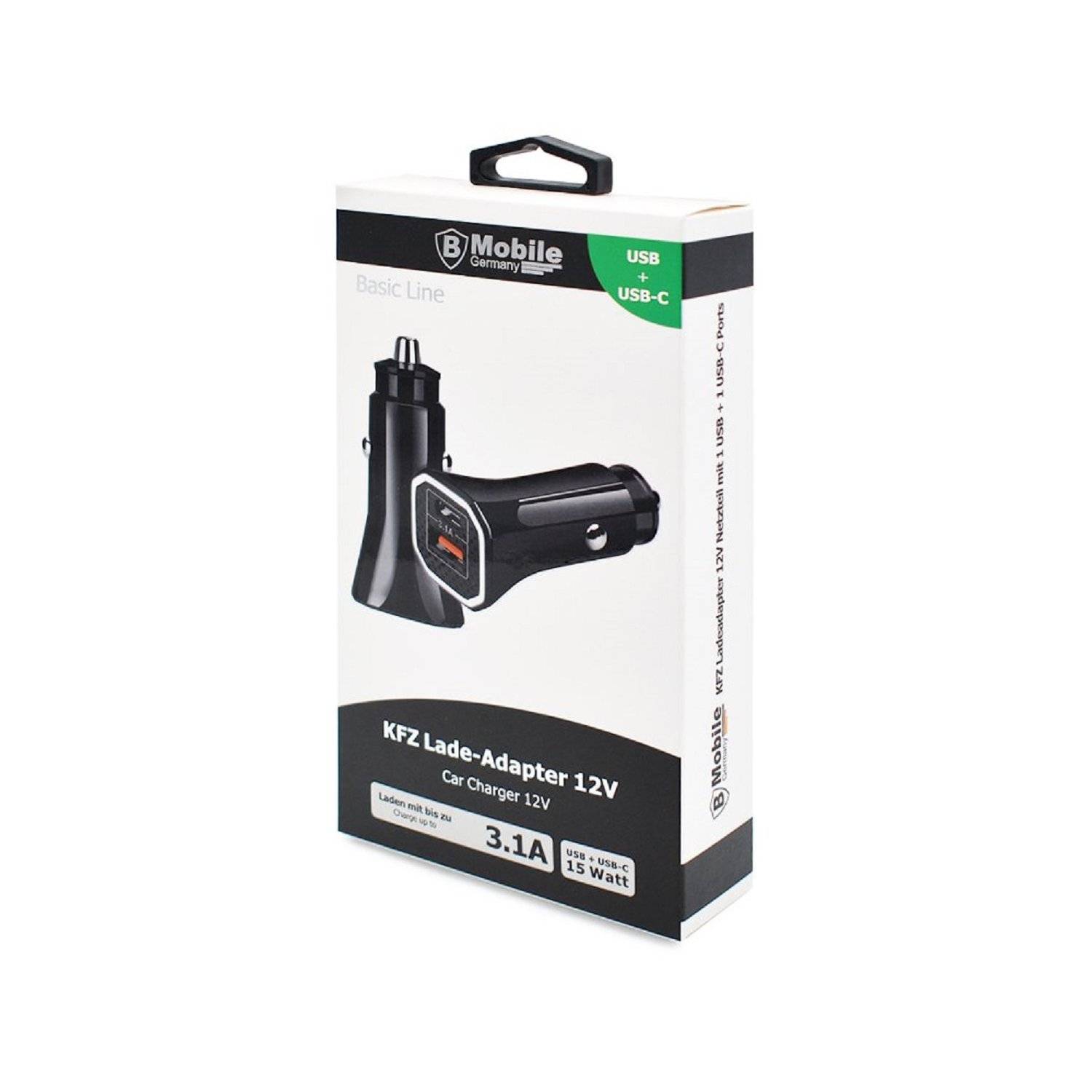 Auto-Ladeadapter 12V 3.1A Netzteil mit 1 USB + 1 USB-C anschluss Schwarz