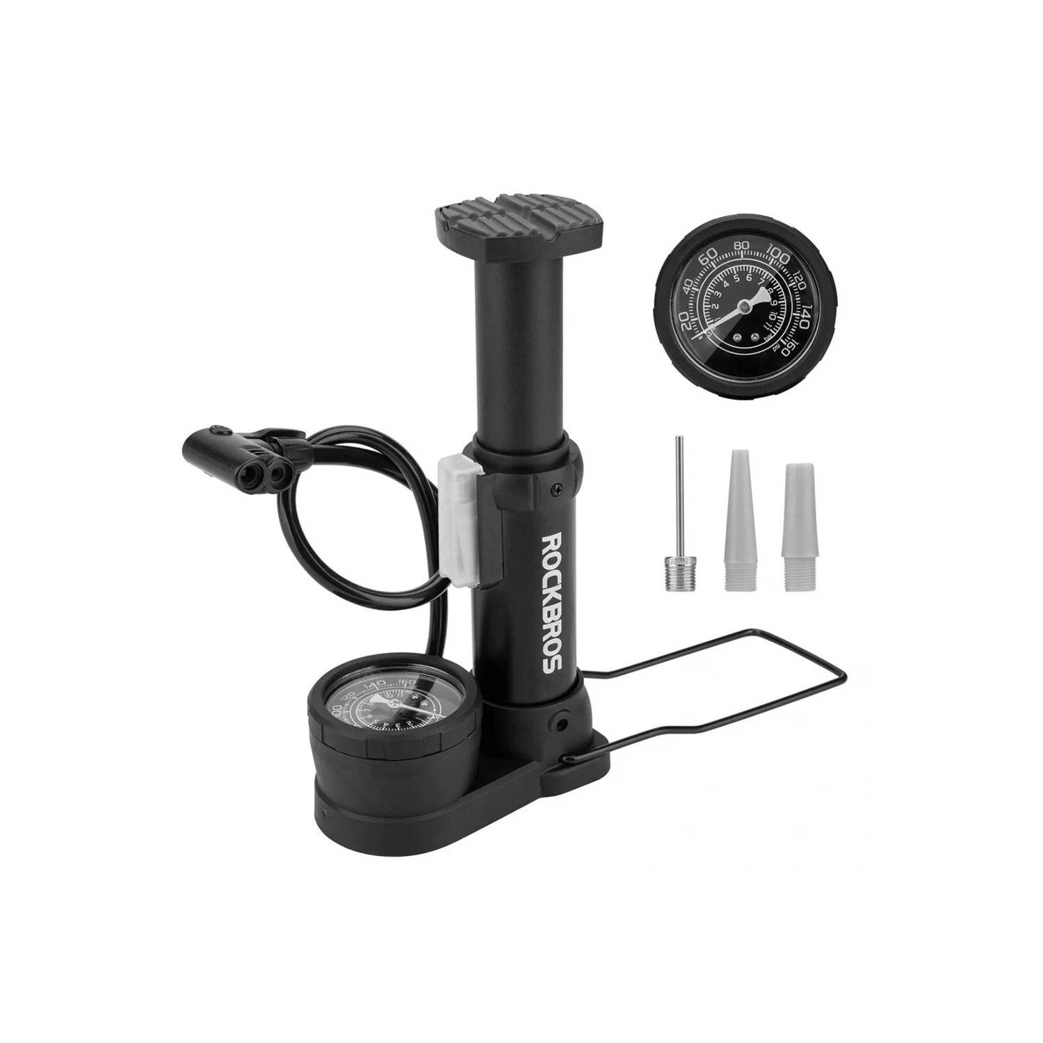 Standfahrradpumpe mit Manometer – Schwarz - Pumpe mit 3 Aufsätzen - 100 psi / 7 bar