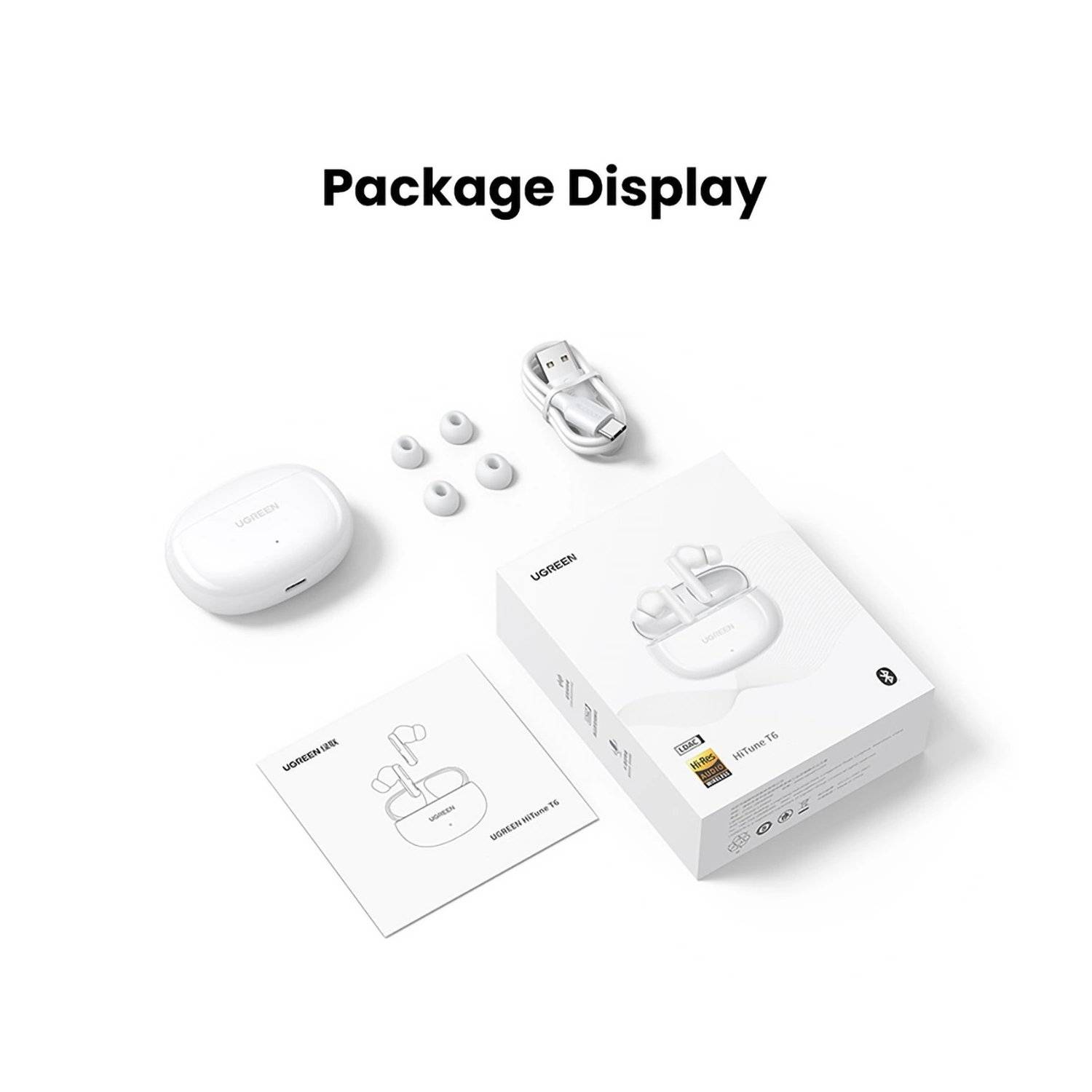 In-Ear-Kopfhörer HiTune T6 kabellose Kopfhörer mit ANC-Funktion + USB-A – USB-C-Kabel – Weiß