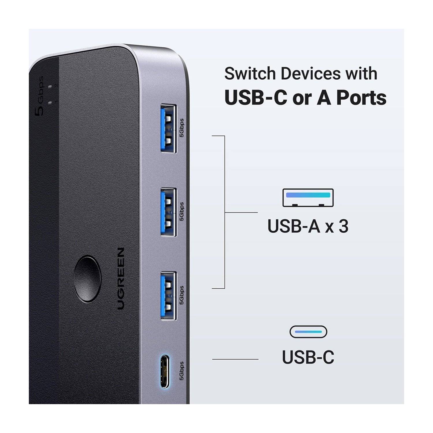 Ugreen CM662 USB 3.0 Switch 2-in-4 + 2x USB-A Kabel - Schwarz