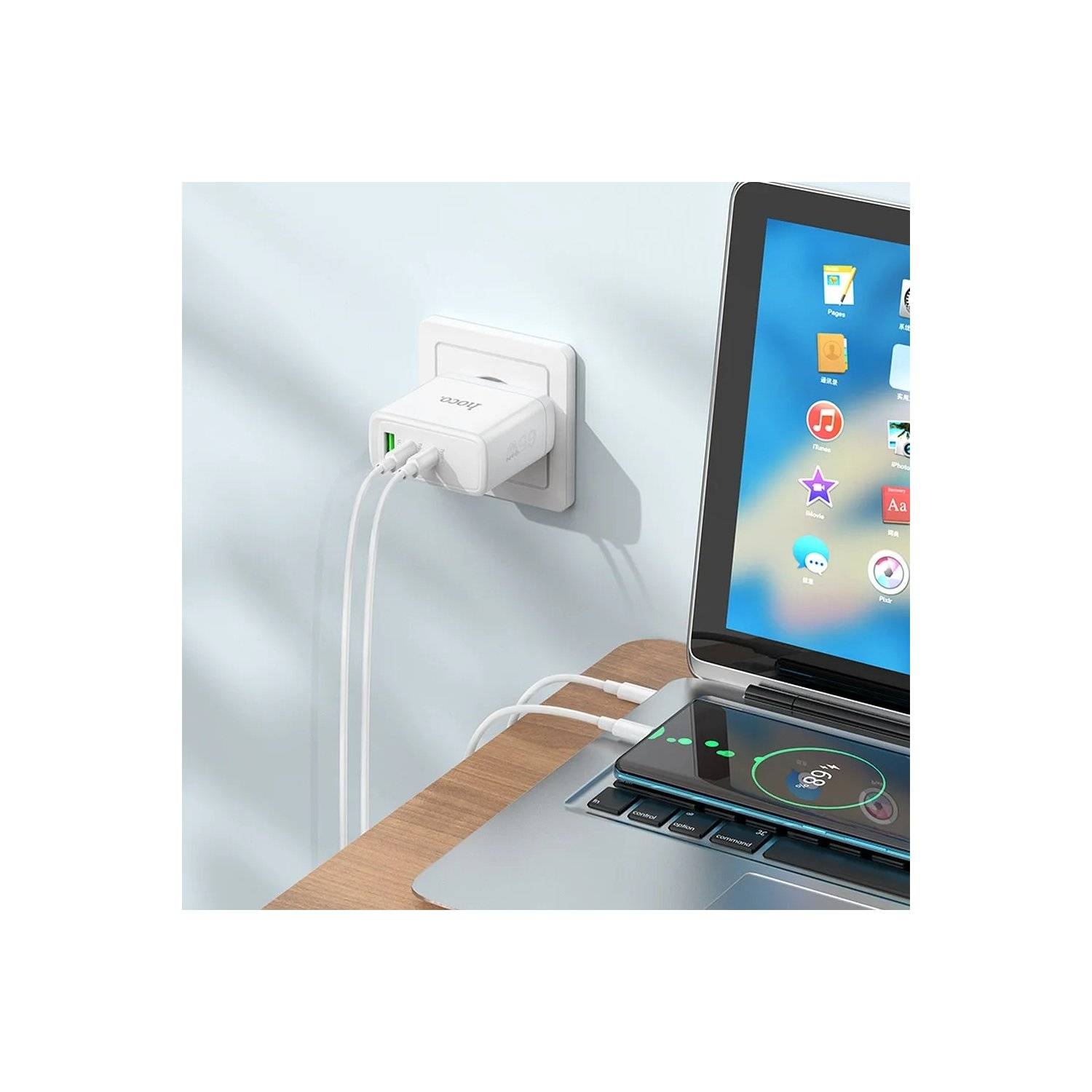 Wandladegerät 2 x Typ C + USB A QC PD 65W GaN N30 weiß - Ladegerät mit 3 Steckplätzen