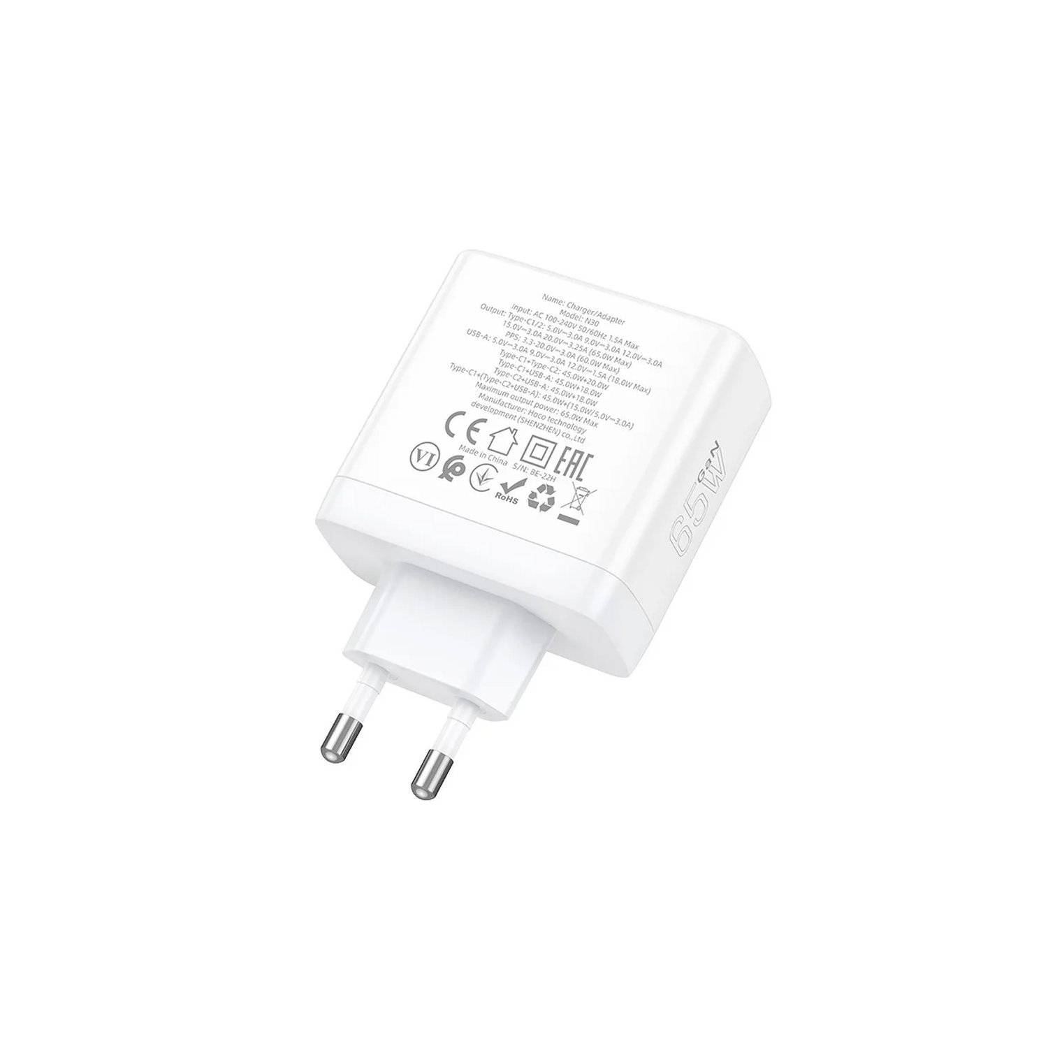 Wandladegerät 2 x Typ C + USB A QC PD 65W GaN N30 weiß - Ladegerät mit 3 Steckplätzen