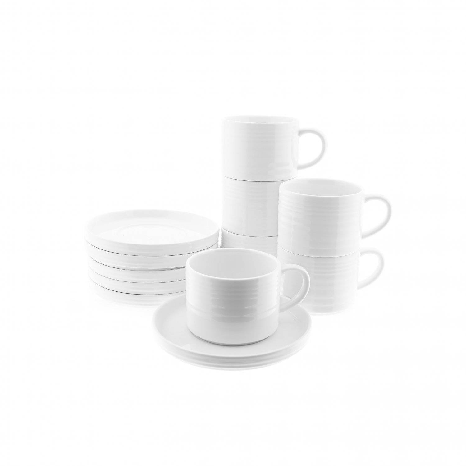 Elegante Kaffeetassen-Set mit Untertasse in Weiß aus Porzellan 220 ml 12-teilig