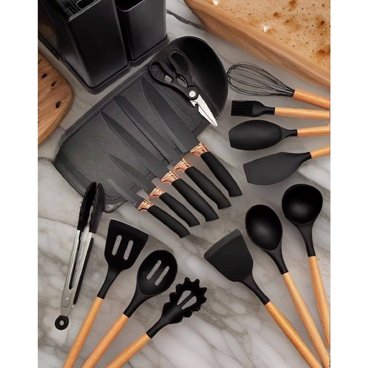 19-tlg Küchenset Messerset & Küchenhelfer Kochbesteck Set Silikon Langlebig und pflegeleicht