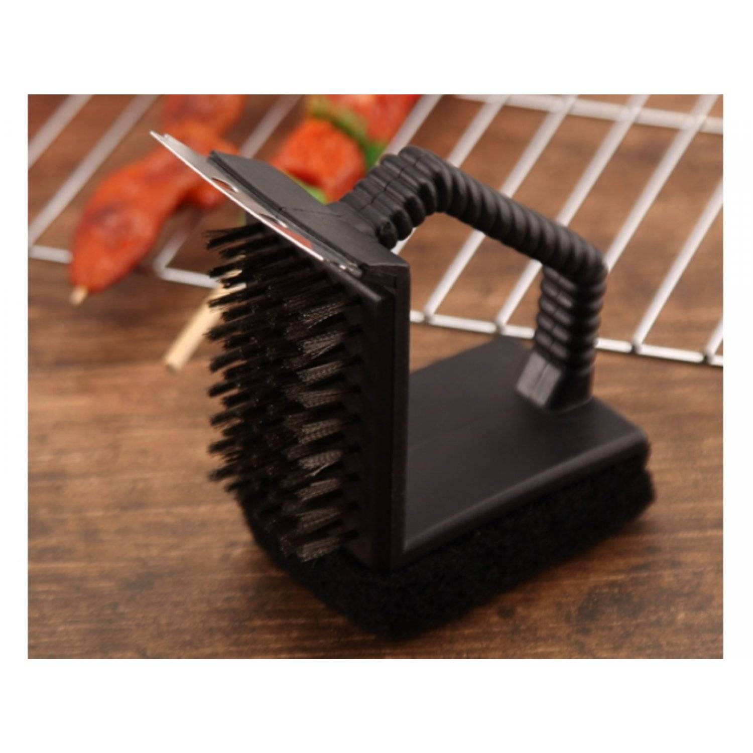 3in1 Grillreinigunsbürste aus Edelstahl, 2x Reinigungsflächen, 1x Schabber Schwarz