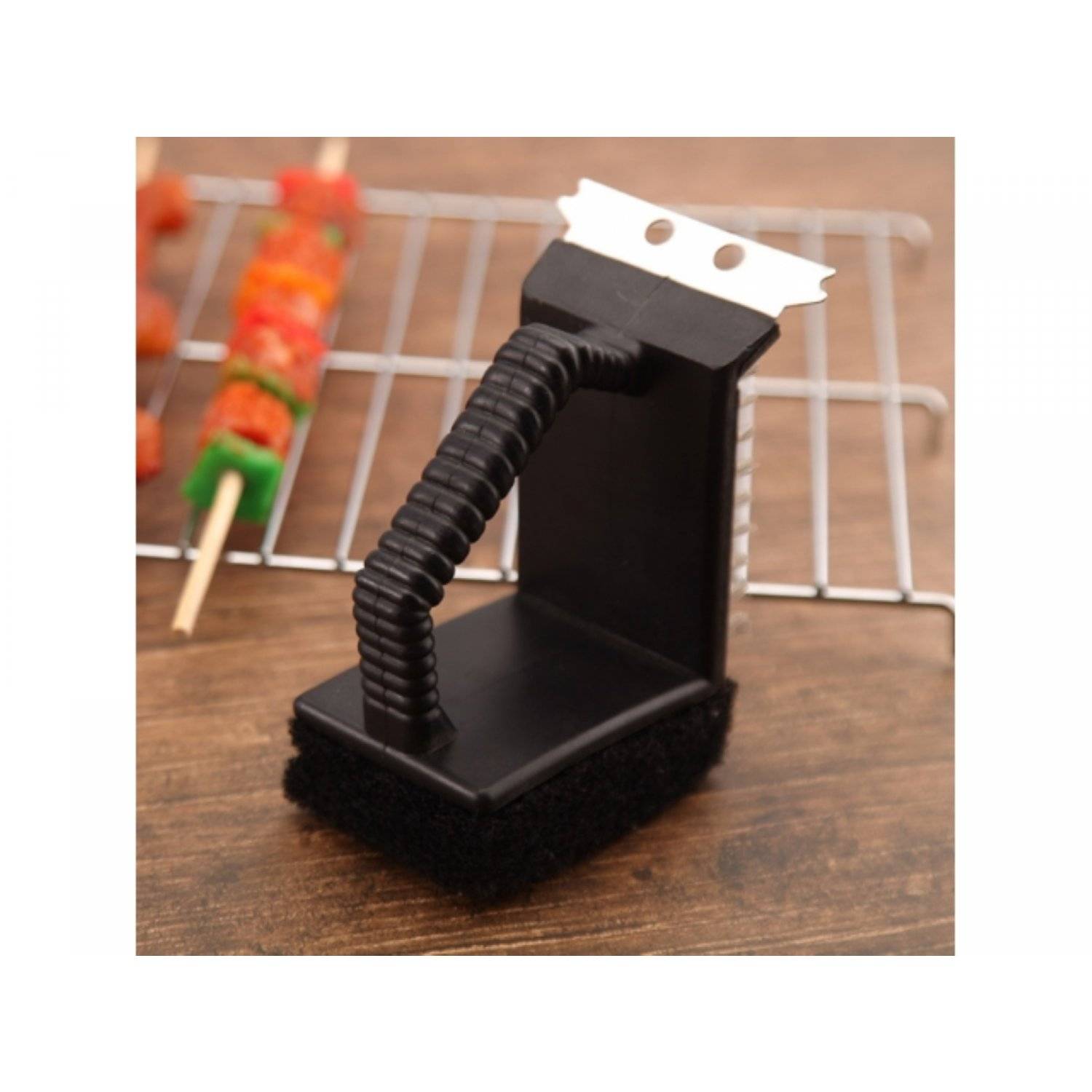 3in1 Grillreinigunsbürste aus Edelstahl, 2x Reinigungsflächen, 1x Schabber Schwarz
