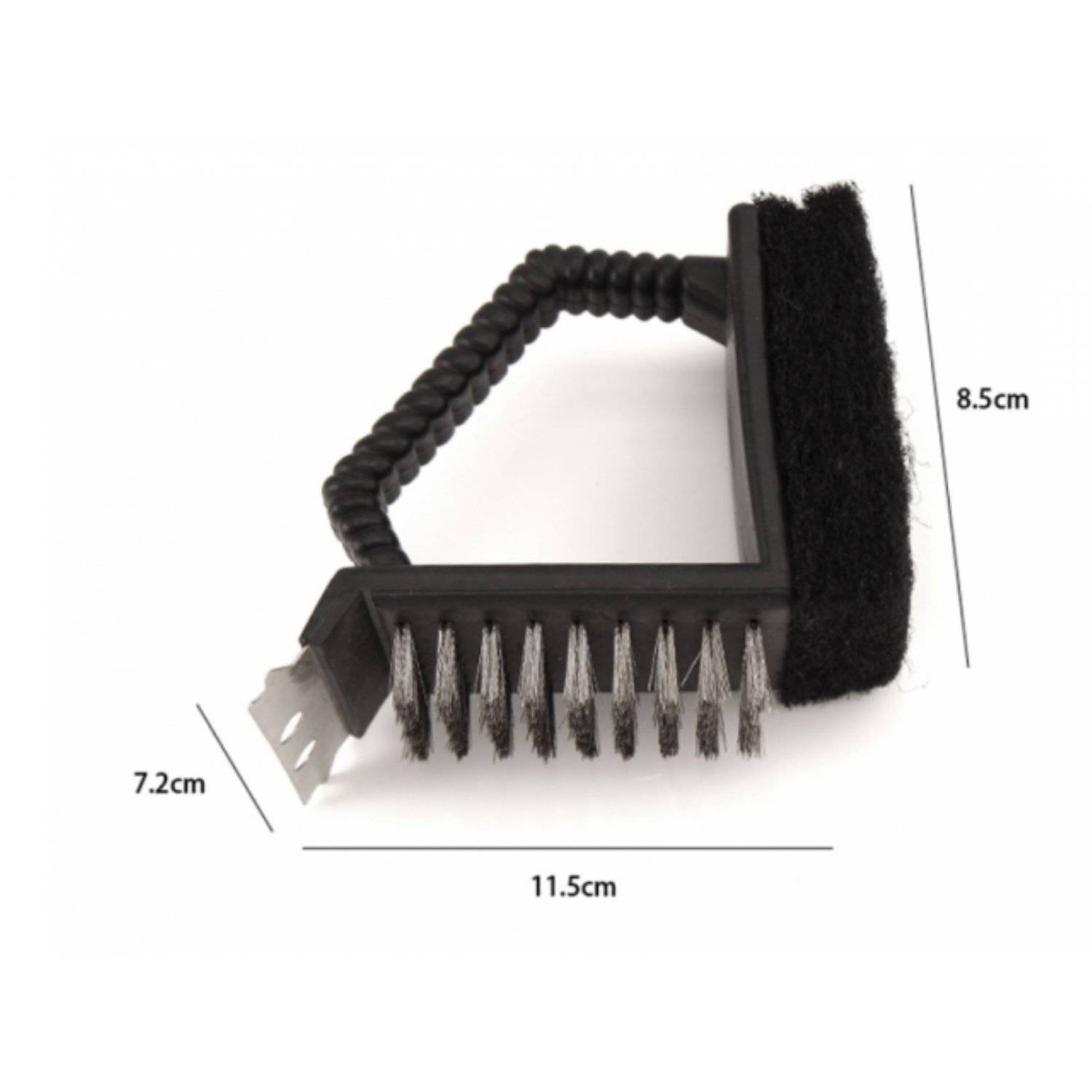 3in1 Grillreinigunsbürste aus Edelstahl, 2x Reinigungsflächen, 1x Schabber Schwarz